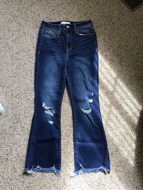 High-Rise Dark Blue Distressed Flare Jeans